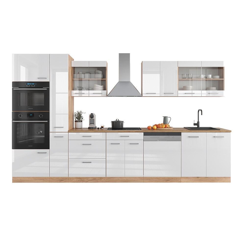 Vicco Küchenzeile Küchenblock Einbauküche R-Line 350 cm Eiche Weiß Hochglanz Küche