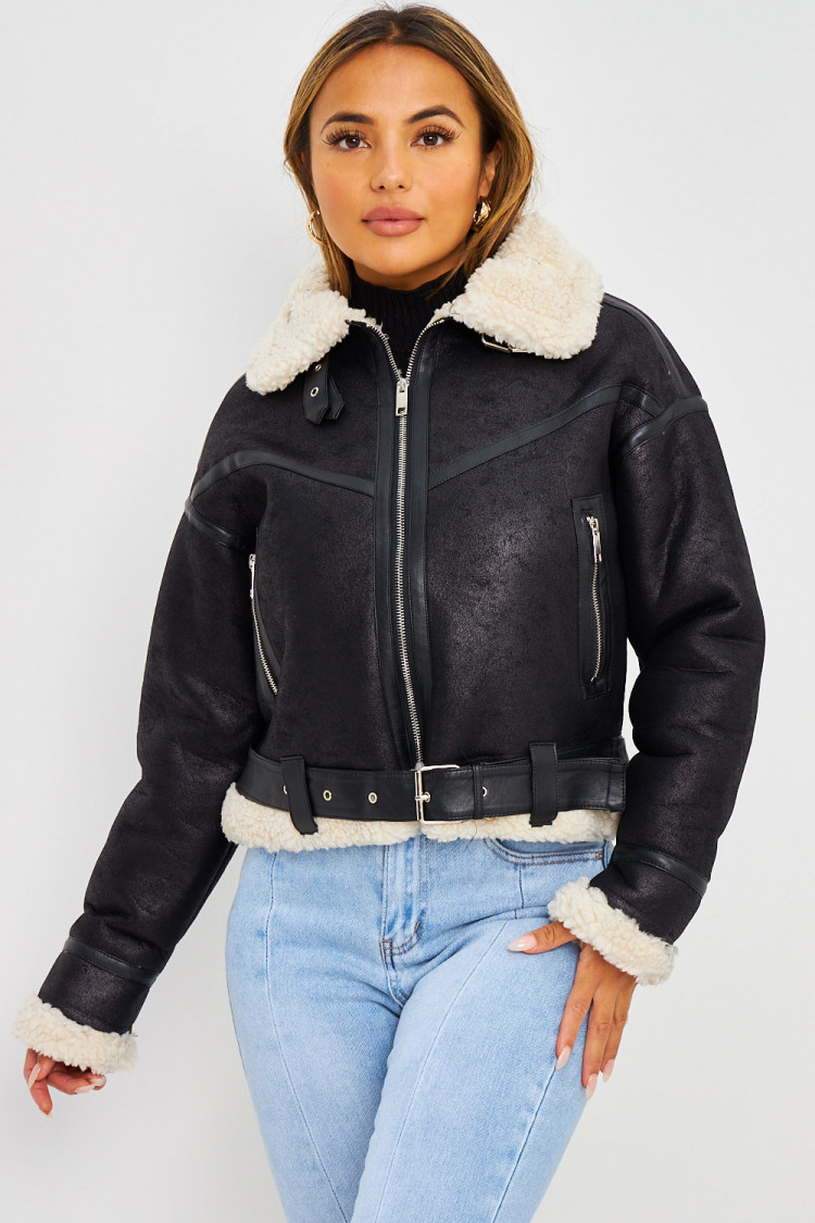 Bomber aviateur noir court peau de mouton beige