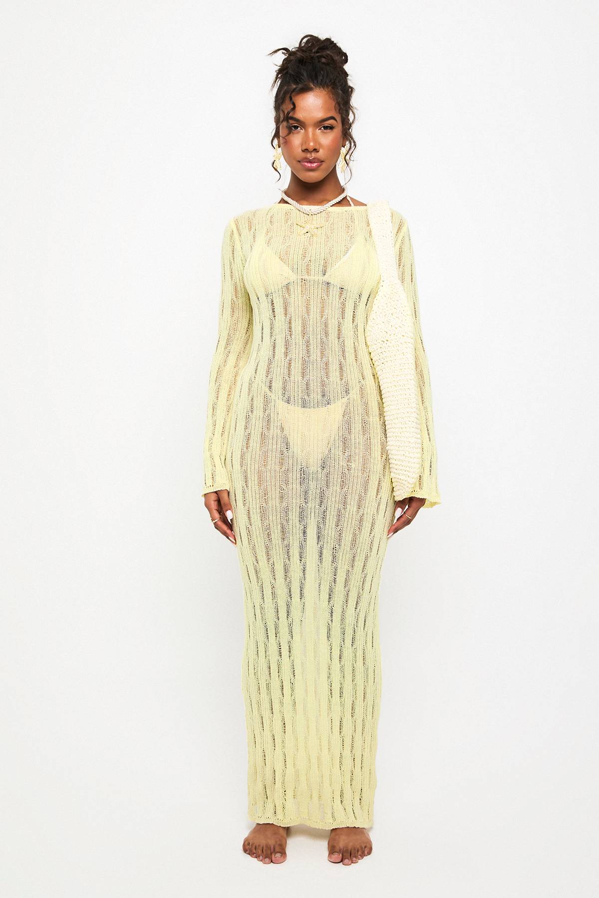 boohoo Robe de plage en crochet à manches longues avec dos échancré
