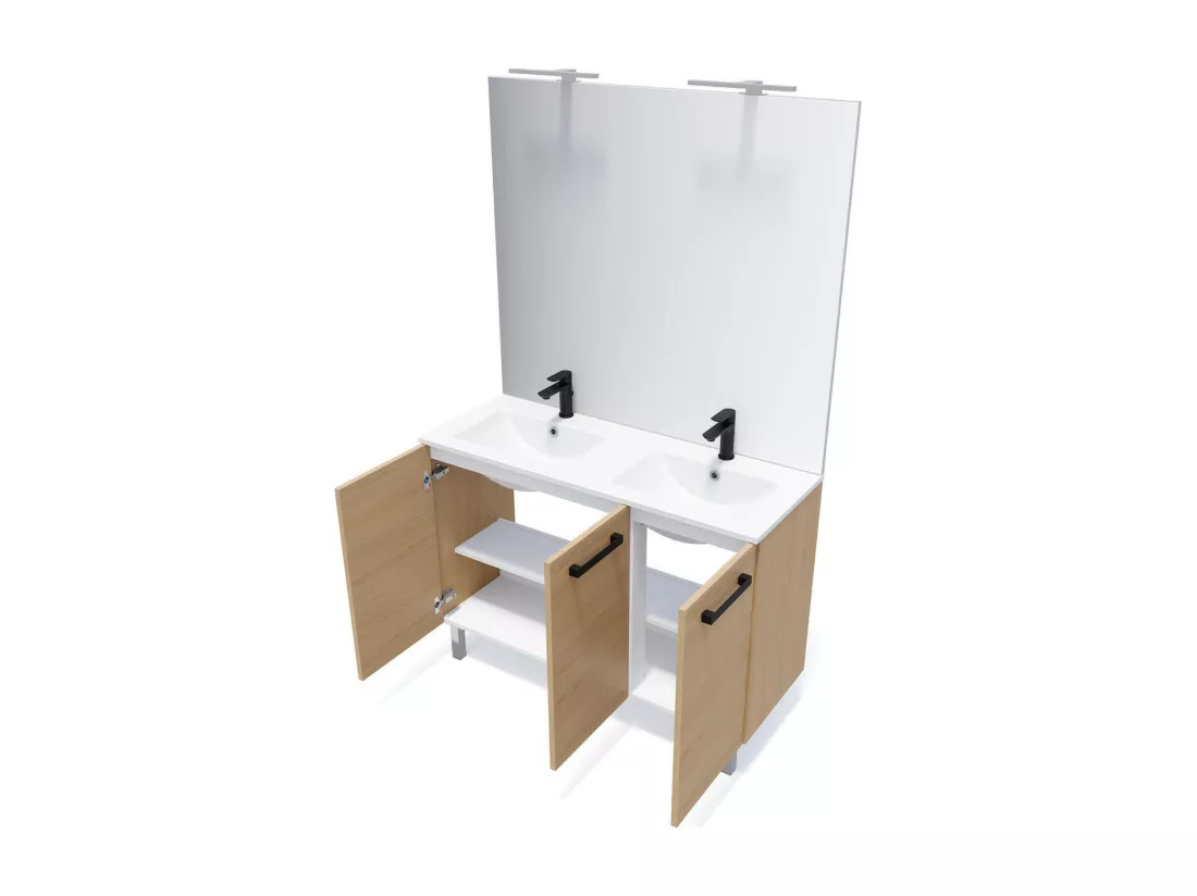 Meuble de salle de bain suspendu avec pieds double vasque intégrée 120cm 3 portes Chêne clair - Chelsea