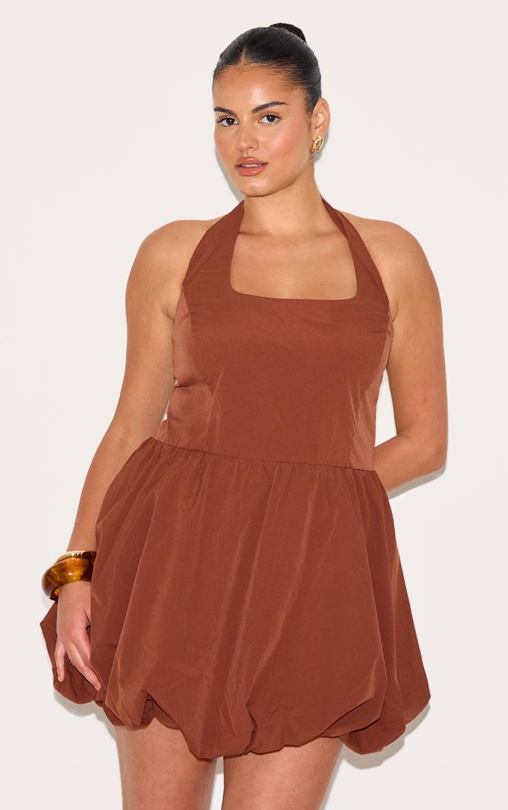 Chocolat Robe Bouffante Grande Taille À Col Licou Et Rayures Fines