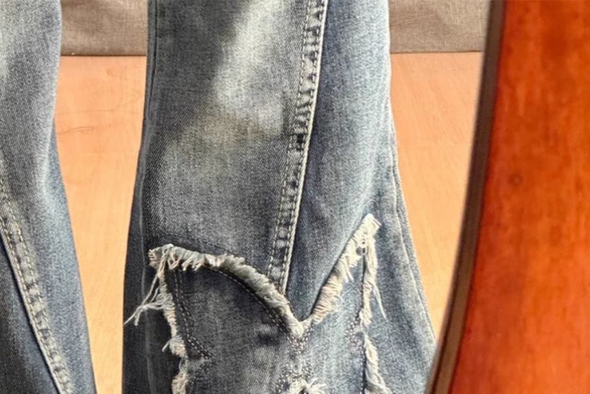 Kloitrinm - Mid Waist Butterfly Applique Washed Flared Jeans