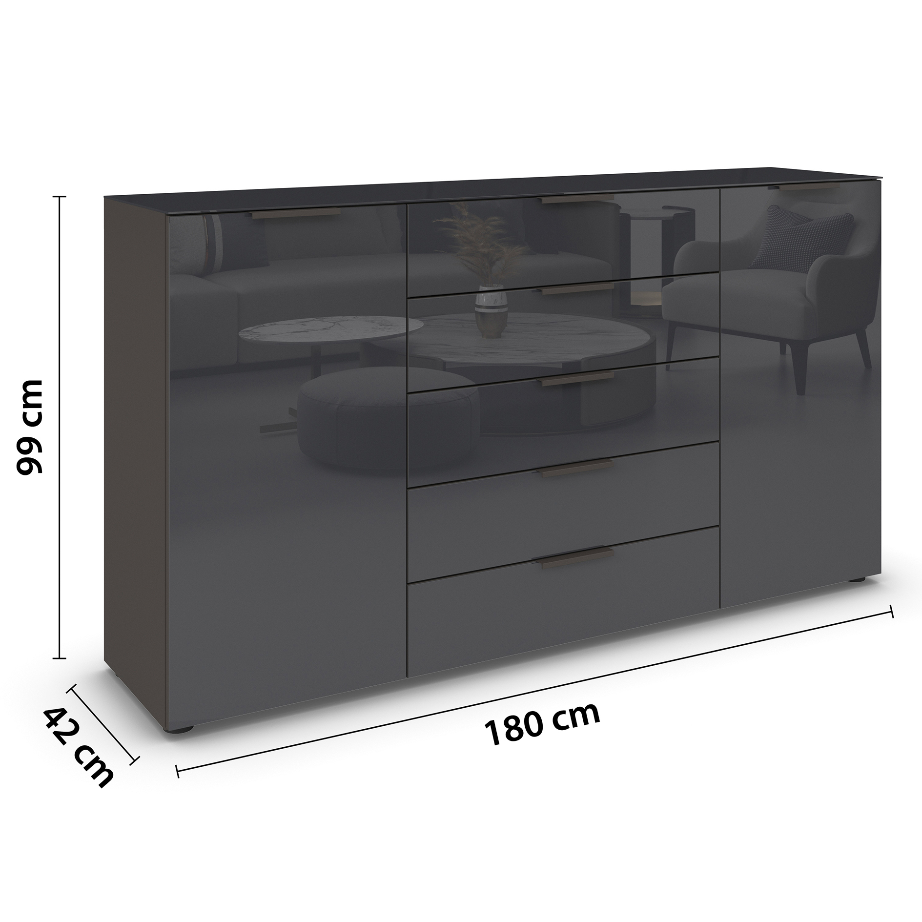 Kommode - graphit-Basaltglas - Graphitgriffe - 180 cm