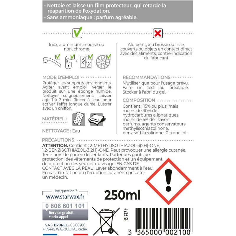 Nettoyant spécial pour aluminium inox chromé - 250 mL