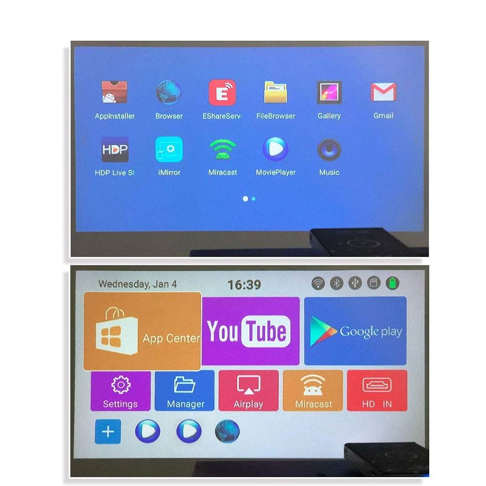Mini DLP LED Projektor 1080p 4K Full-HD Support Outdoor Beamer (1500LM) mit Android / HDMI / MicroSD / WiFi / Bluetooth / Apple Airplay   Akku