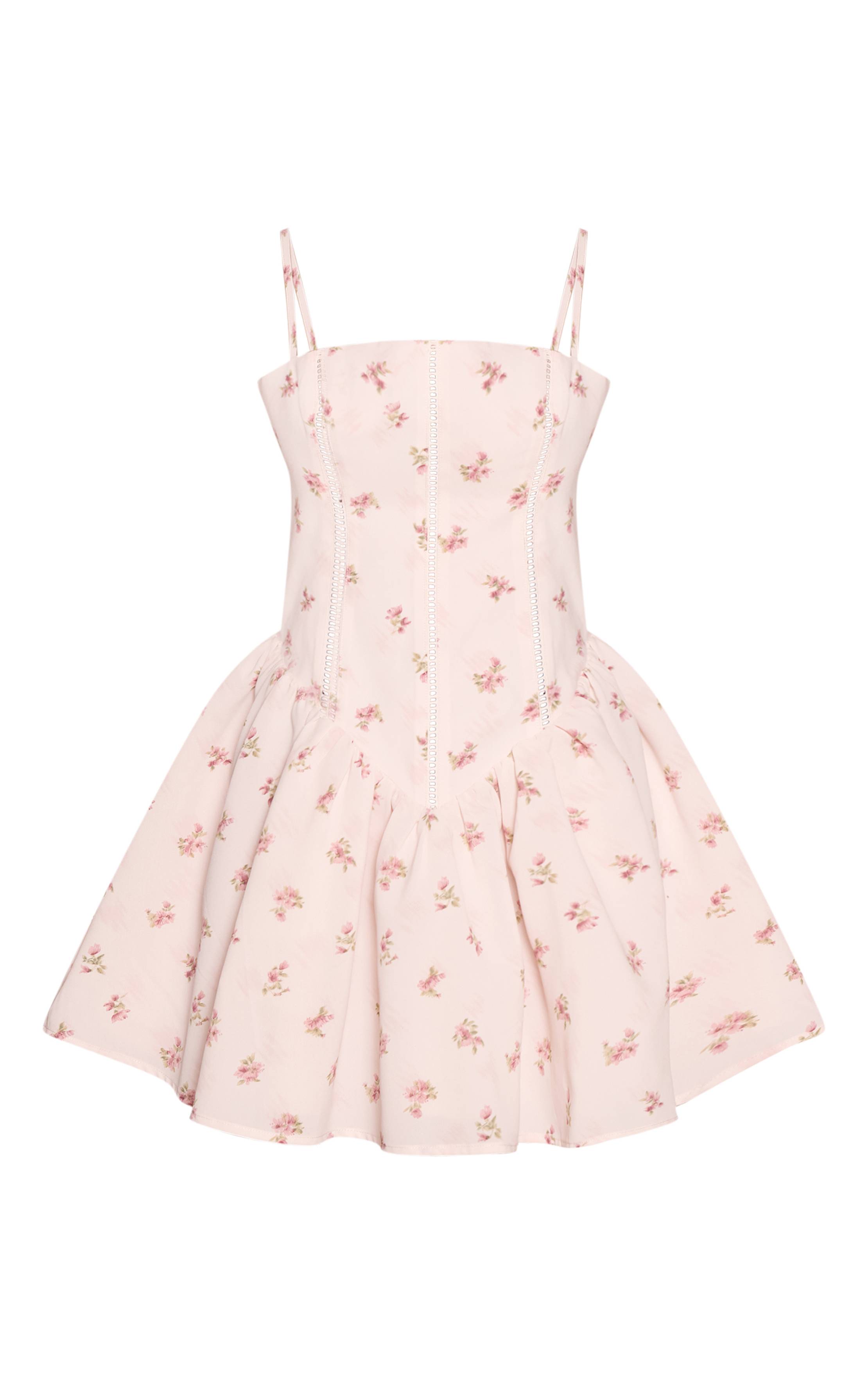 Rose Robe Courte Droite Petite Taille À Taille Basse, Encolure Carrée Et Imprimé Floral