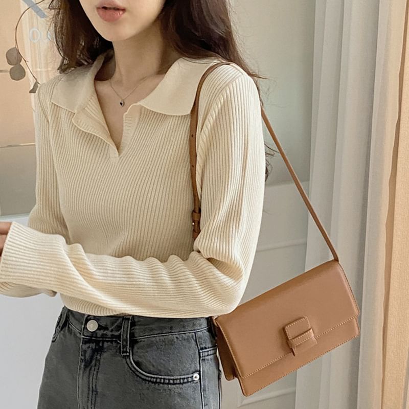 ANORA - Poloshirt met lange mouwen en open knoopsluiting, effen geribbeld breisel