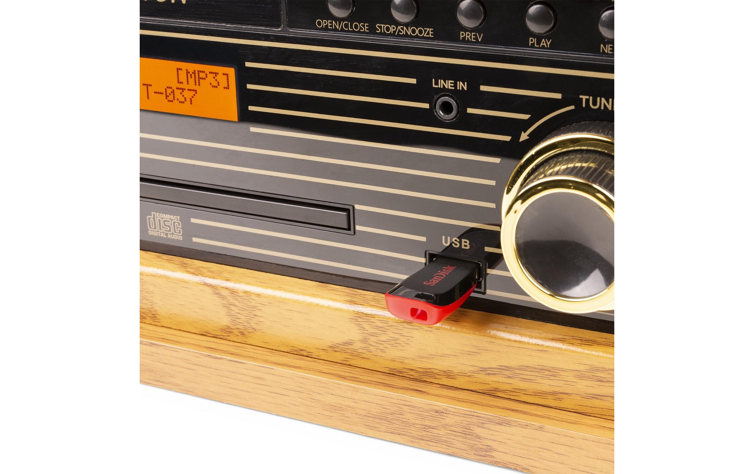 Plattenspieler Memphis Vintage Hellbraun<br>Retro Plattenspieler mit Radio, Bluetooth, Media-Player und Umwandlungsmöglichkeit für Schallplatten und Kassetten