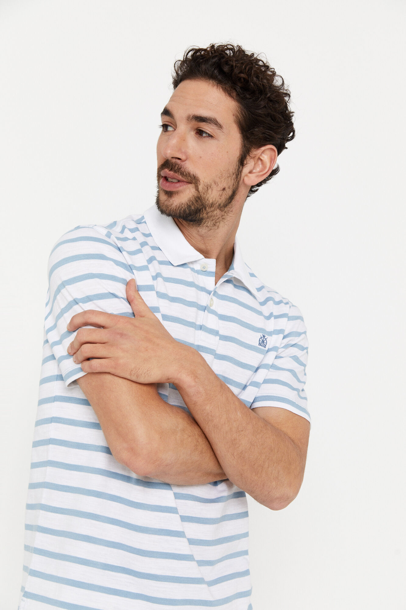 Camisa polo listrada em tecido texturizado - Azul