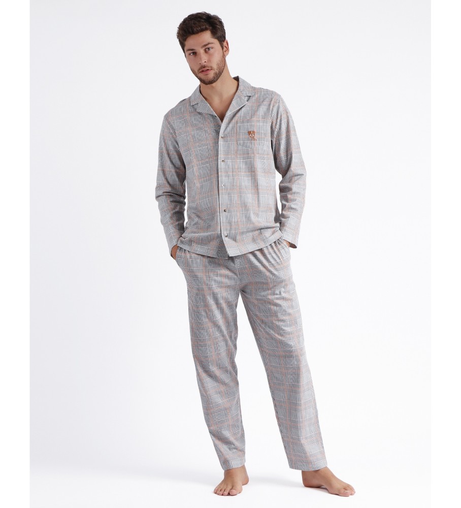 Pijama Admas de manga comprida aberta com estampa de bulldog cinza.