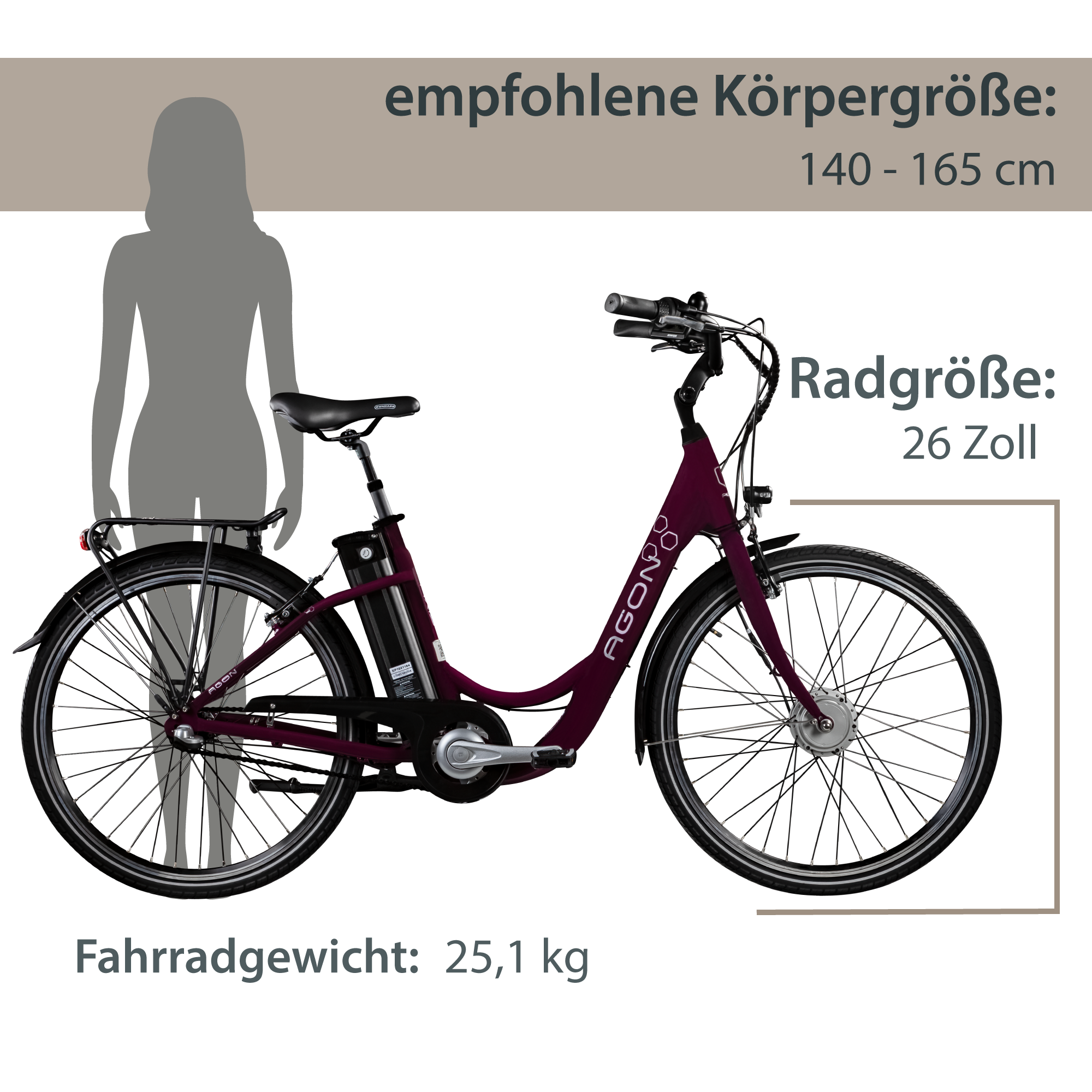 Agon Axis E-Bike 26 Zoll Citybike Damen Herren 140 - 165 cm Pedelec mit Nabenmotor Fahrrad 3 Gang und Beleuchtung StVZO