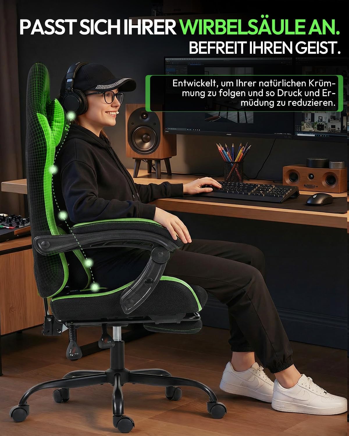 Nexthra Gaming Stuhl Bürostuhl Gaming Sessel mit höhenverstellbaren Linkage-Armlehnen, ergonomischer Gamer Stuhl mit Fußstütze, gepolstert Gaming Chair 150° neigbar bis 180 kg, Grün