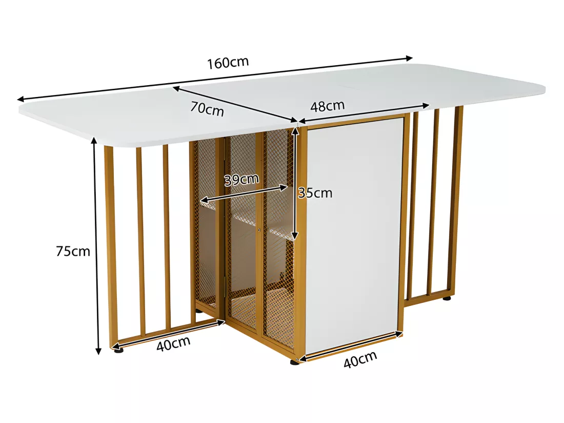 Table à manger pliante rétractable polyvalente avec étagères de rangement - Panneaux de particules - Blancs & Doré
