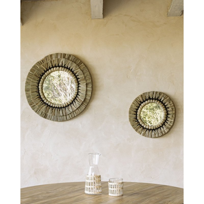 Miroir rond Akila fibres naturelles vert et corde coton noir  Ø 40 cm