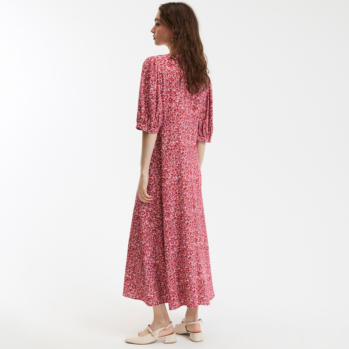 COLEÇÕES LA REDOUTE<br>Vestido longo e fluido com decote em V e estampa floral
