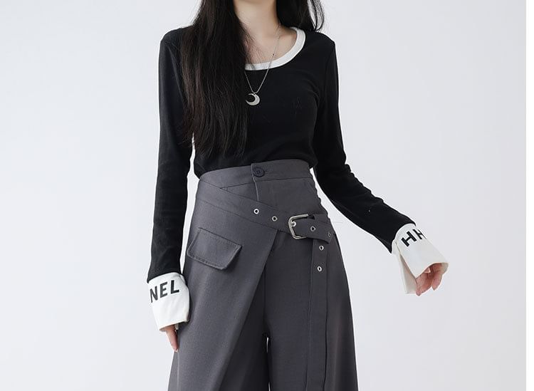 Rosesand - Effen hoge taille asymmetrische wikkelbroek met wijde pijpen