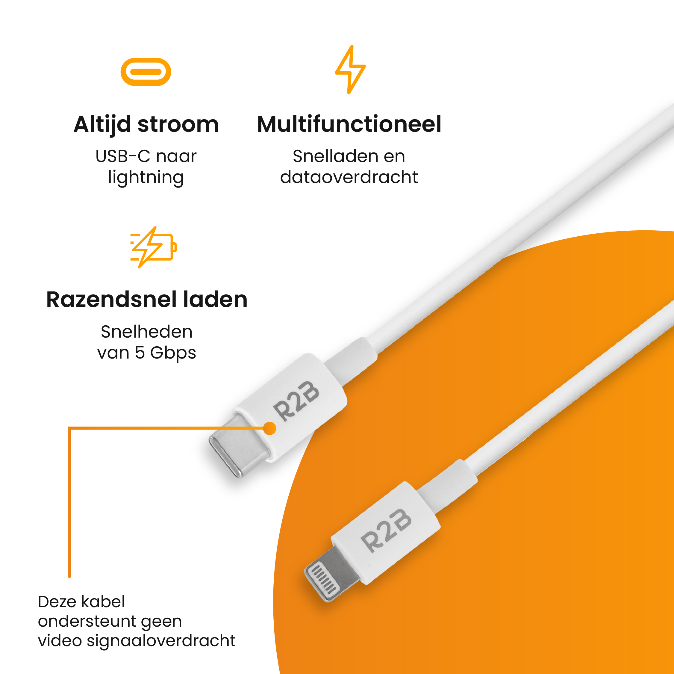 R2B 1 Meter Witte USB-C naar Lightning Kabel