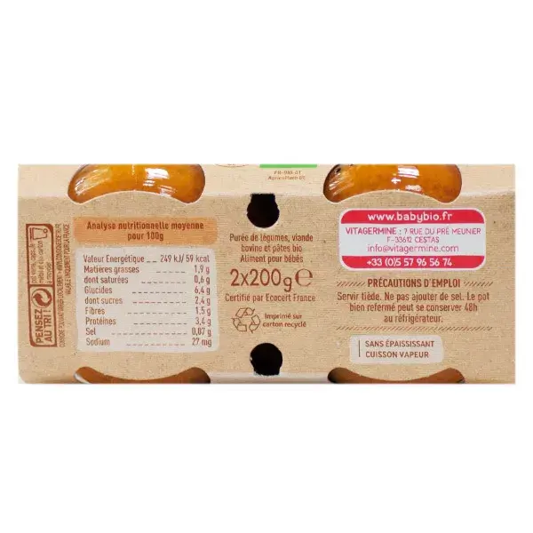 Babybio Petits Pots Légumes & Pâtes façon Bolognaise Bœuf fermier de Nouvelle-Aquitaine +6m Bio 2 x 200 g