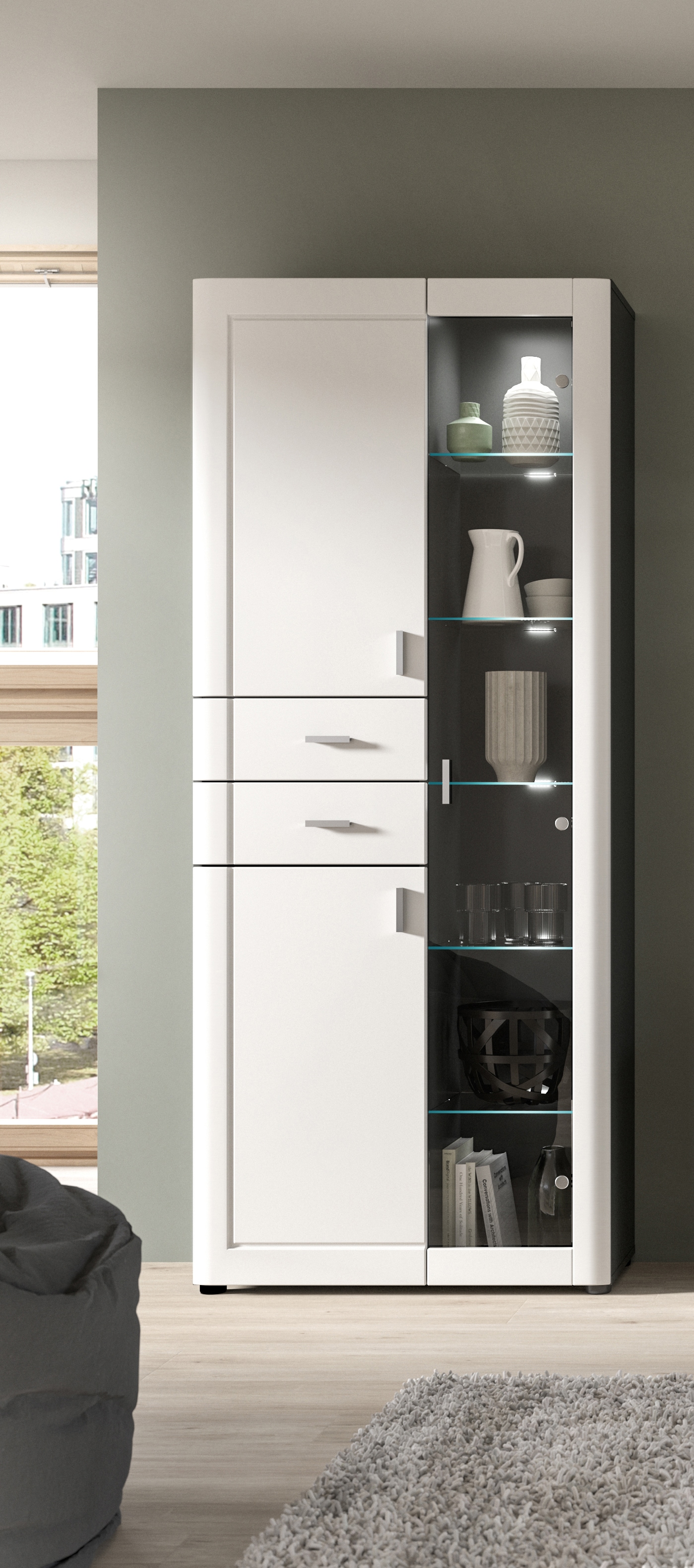 Vitrine LAGO 80 x 194 cm weiß matt/grau