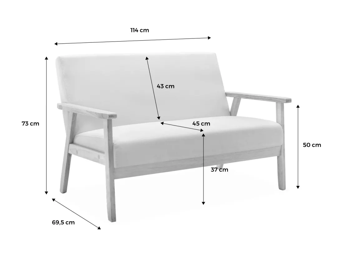 Banquette et fauteuil en bois et tissu crème. Isak. L 114 x l 69.5 x H 73cm