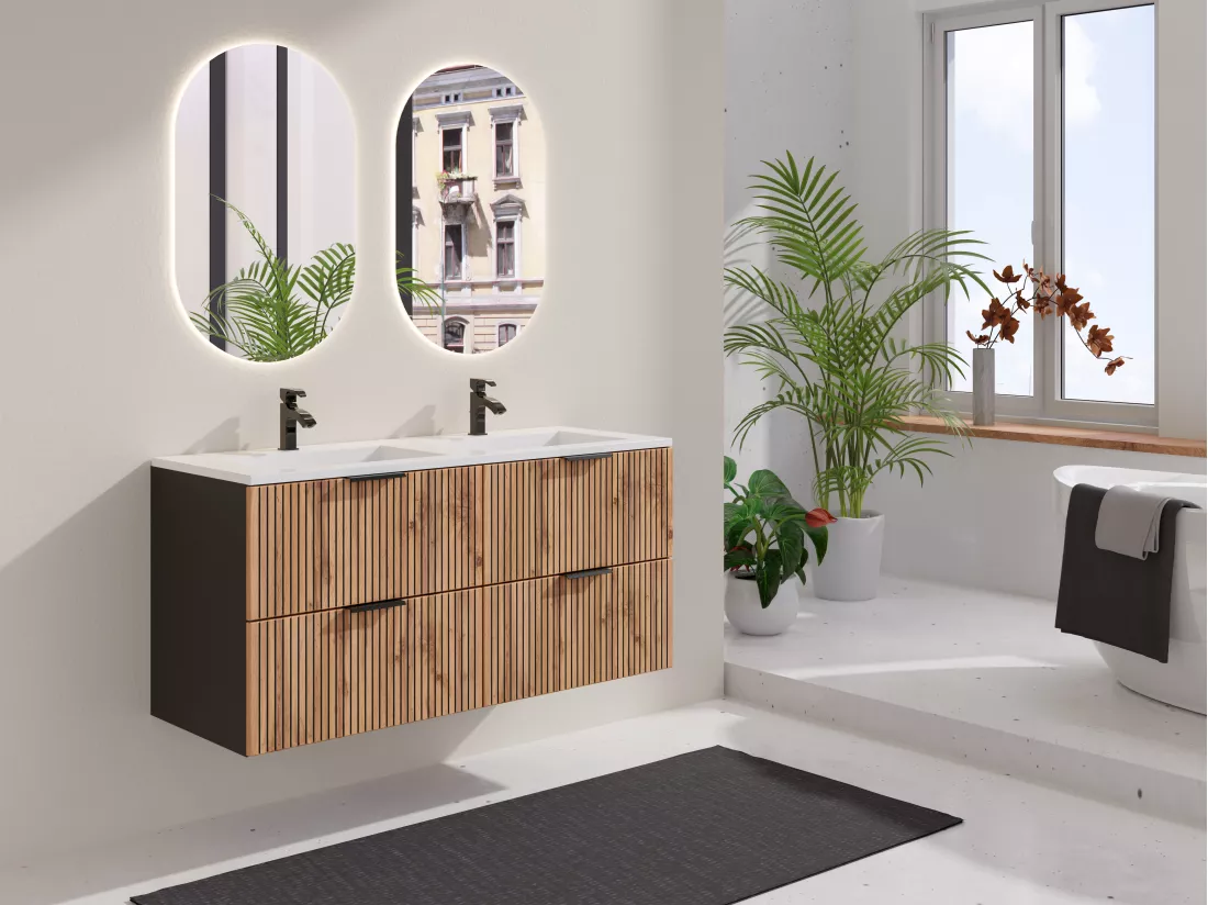 Meuble de salle de bain suspendu strié avec vasque à encastrer - Naturel clair et noir - 120 cm - MADELA