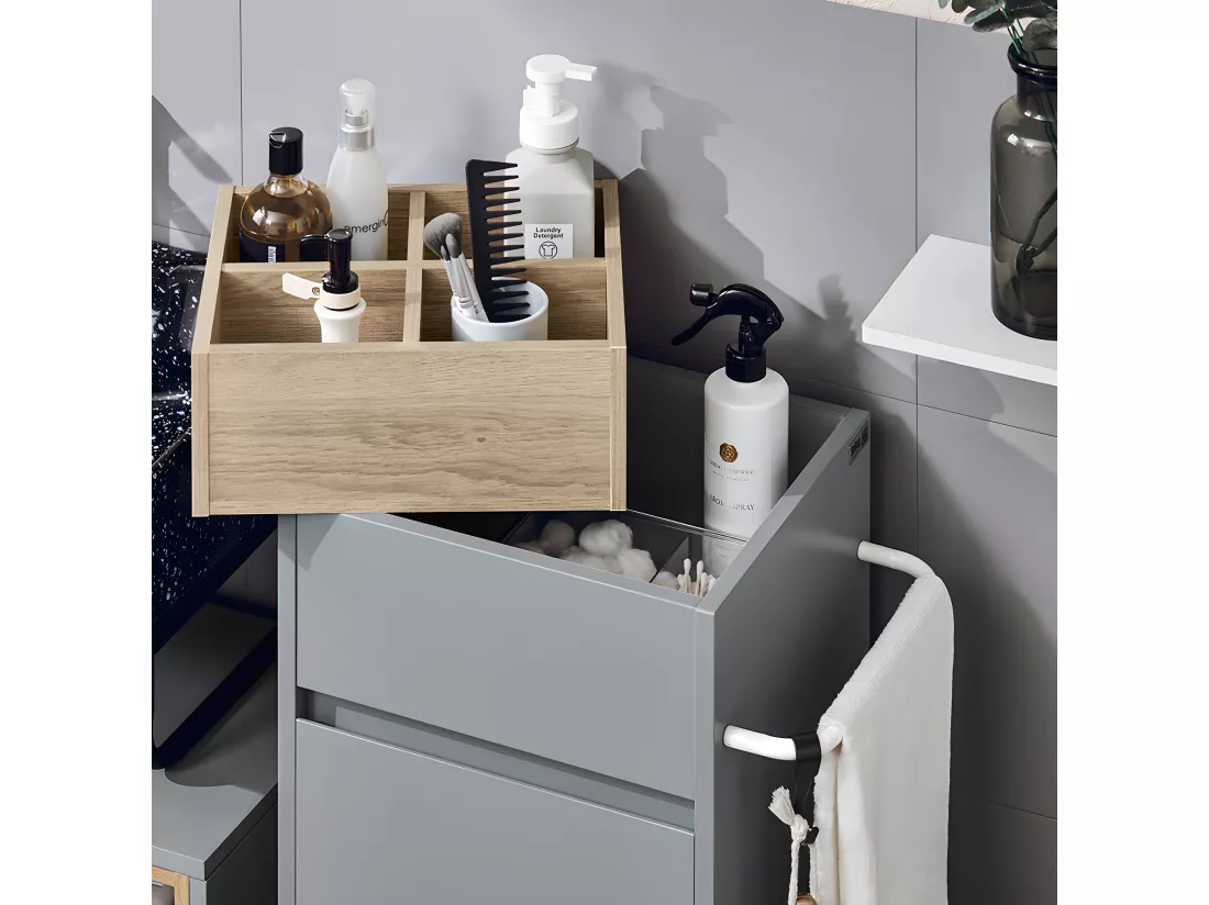 SoBuy Armoire à Linge Meuble Bas de Salle de Bain Corbeille à Linge Meuble de Rangement avec 4 Petits Compartiments Ouverts et 1 Panier à Linge Amovible, Gris, 35x30x90 cm, BZR159-DG