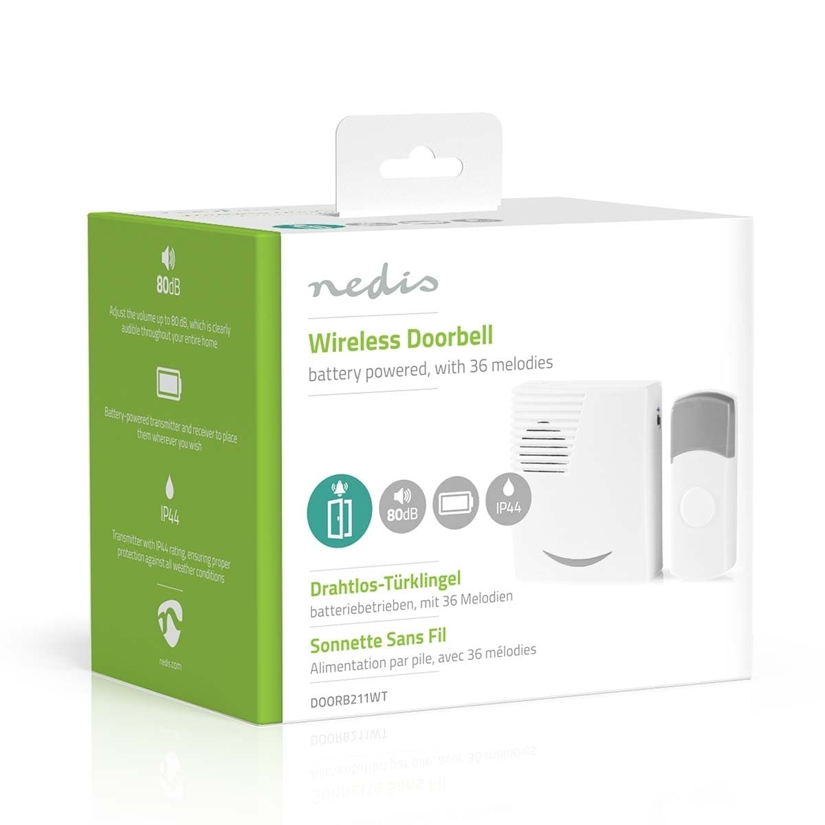 Nedis Trådløs ringeklokke Set | Batteri drevet | 3 V DC | 1x CR2032 | Volum: 80 dB | Signalområde (siktelinje): 300 m | IP44 | 36 Melodier | 1 Mottaker | Grå / Hvit