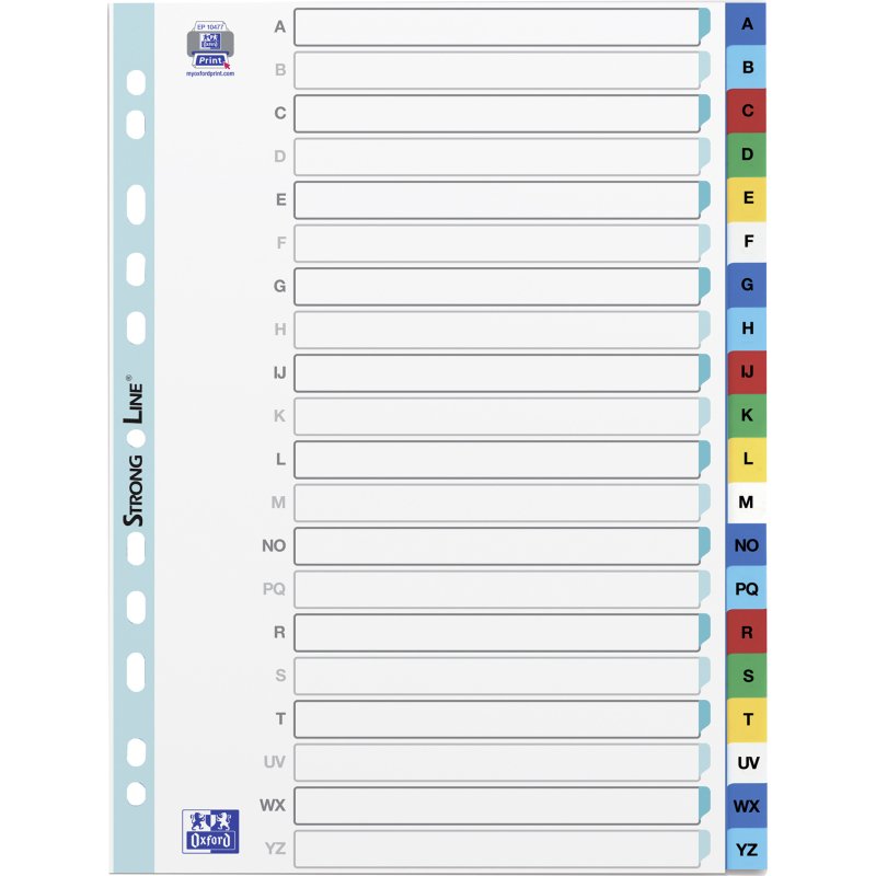 Intercalaire A4 polypropylène coloré OXFORD 20 onglets alphabétiques multicolores - 1 jeu