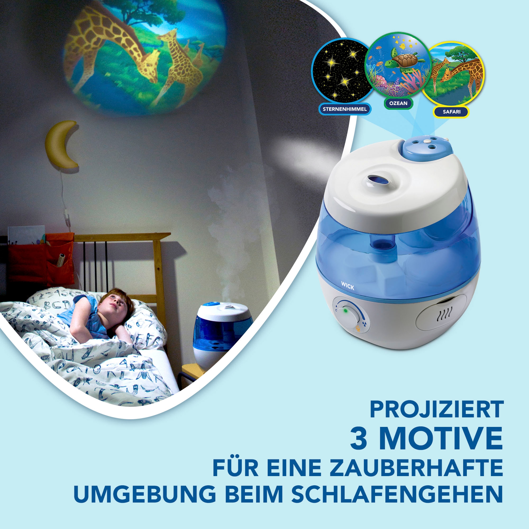 WICK Luftbefeuchter »SweetDreams Kaltluft-Luftbefeuchter mit Lichtprojektion - WUL575« 3,8 l Wassertank Projiziert 3 Motive: Safari, Ozean und Sternenhimmel