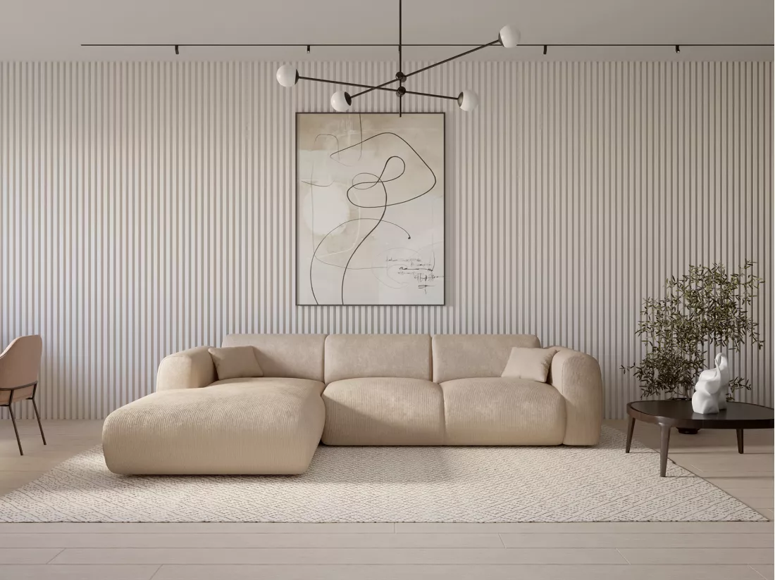 Grand canapé d'angle gauche en tissu texturé beige POGNI de Maison Céphy