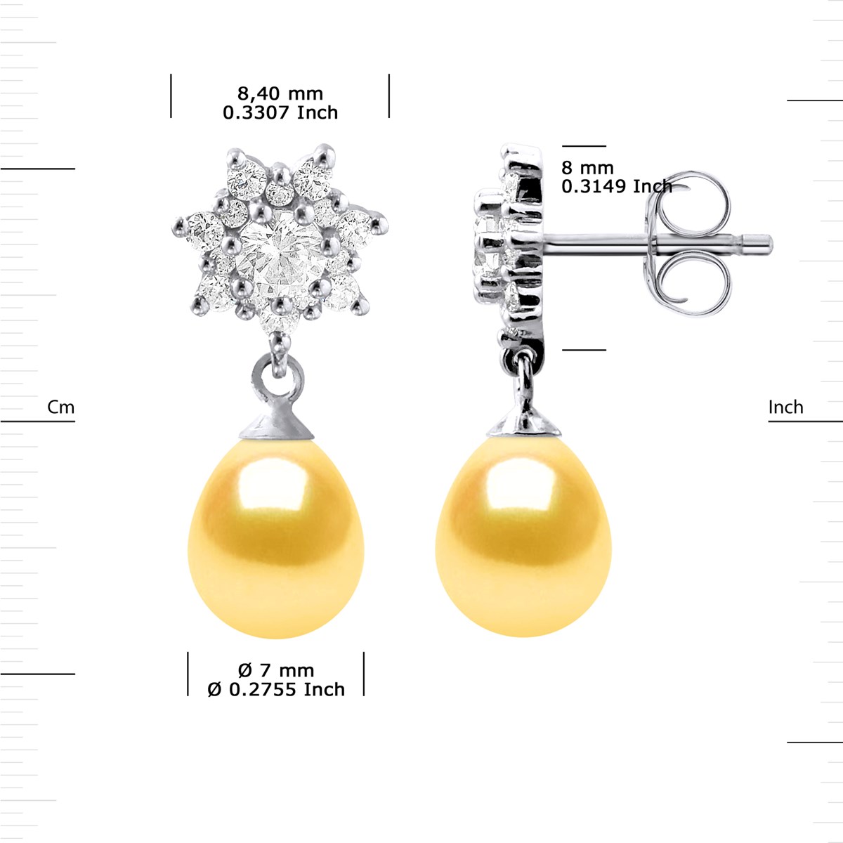 Boucles d'Oreilles Pendantes Perles d'Eau Douce Poires 7-8 mm Dorées Joaillerie Argent 925
