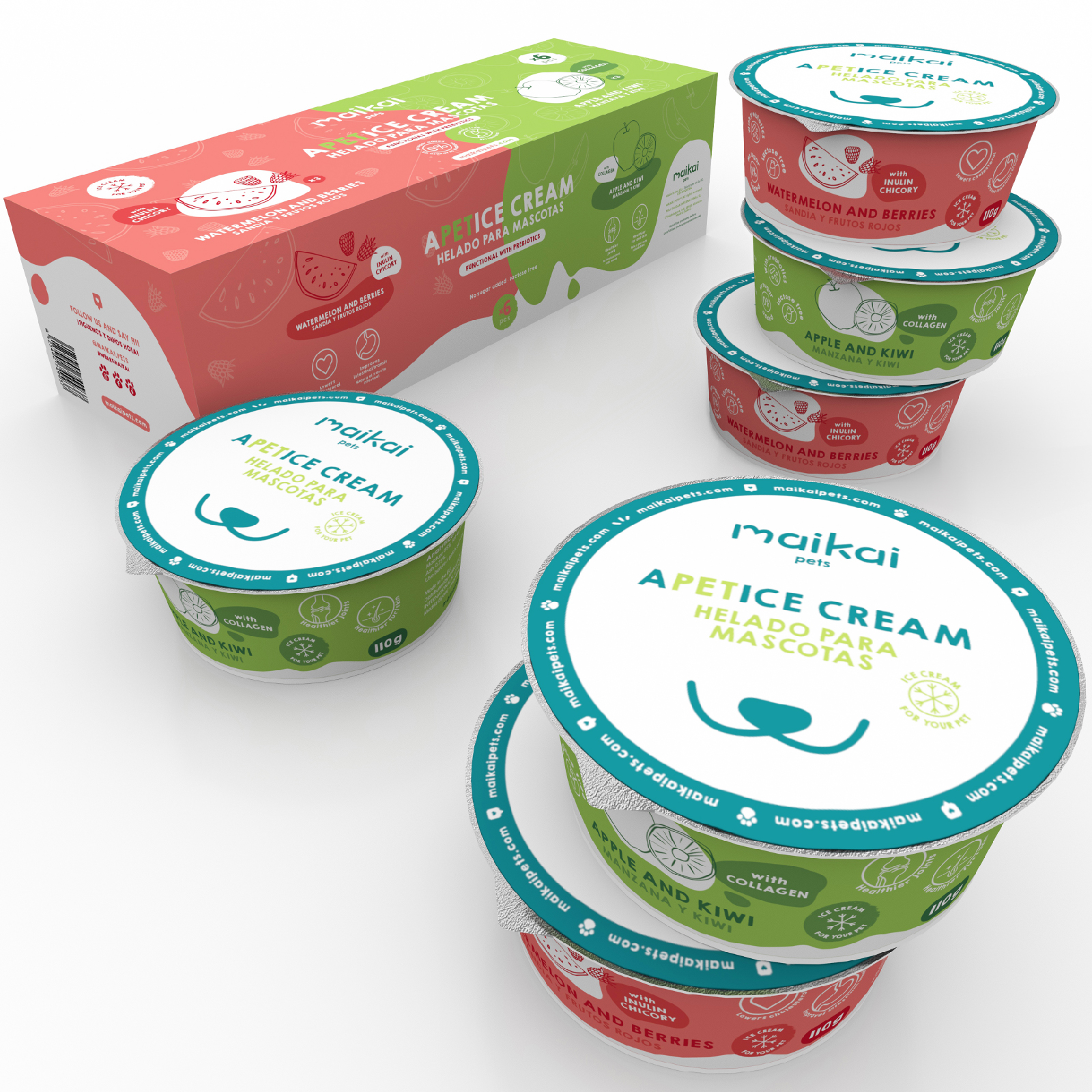 Sorvete para cães e gatos com prebióticos. MAIKAI PETS. Pacote com 6 unidades (6 x 110 g). Sabores: Iogurte com maçã e kiwi, e Iogurte com melancia e frutas vermelhas.
