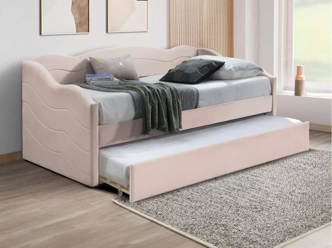 Lit banquette gigogne 2 x 90 x 190 cm - Velours - Rose - LENVIA