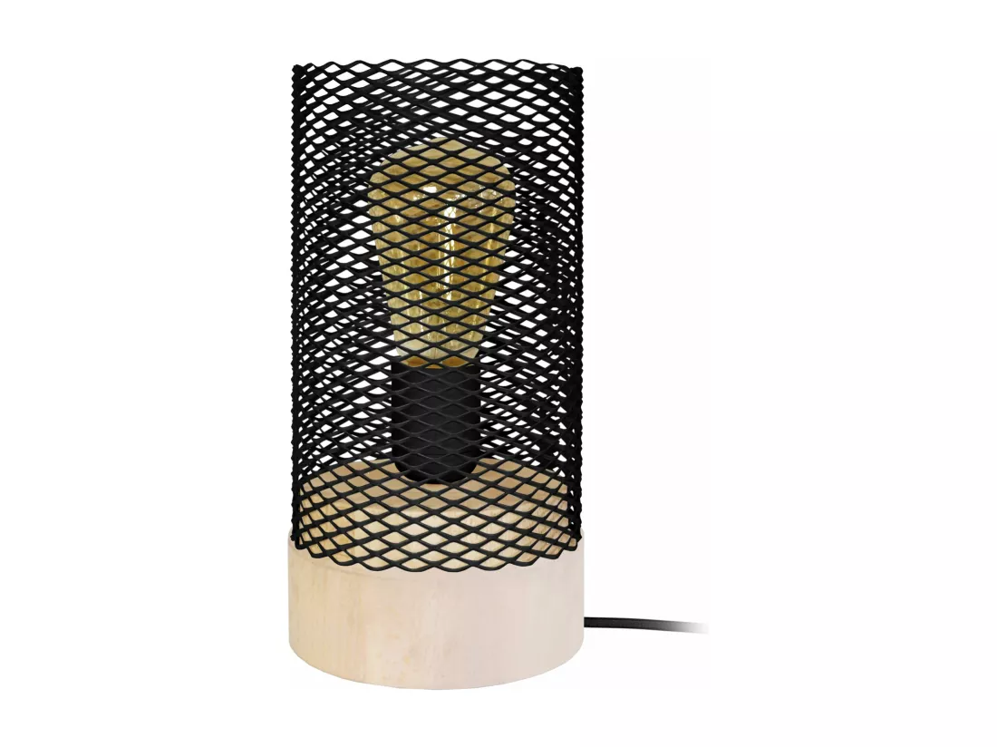 Lampe de chevet bois cylindre métal noir 25 cm.