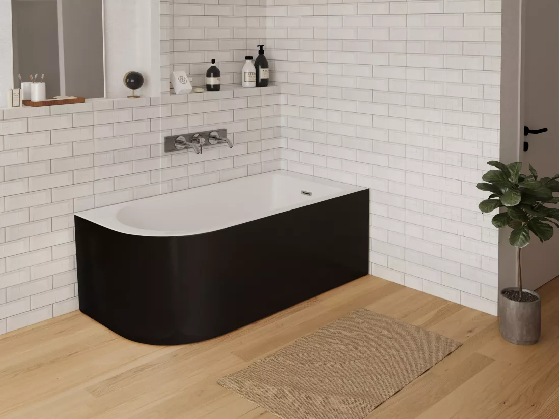 Baignoire d'angle - 201L - 150 x 75 x 58 cm - Noir brillant - Angle droit - ANIKA