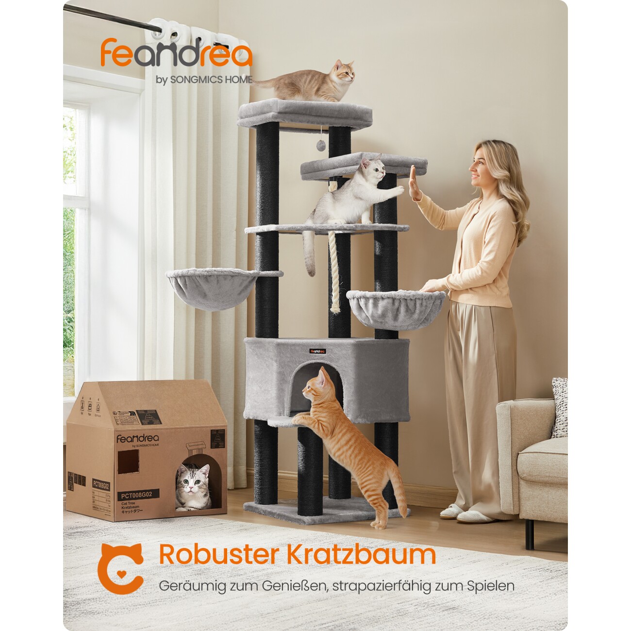 FEANDREA Kratzbaum für große katzen mit dicken Säulen schwarz/ grau