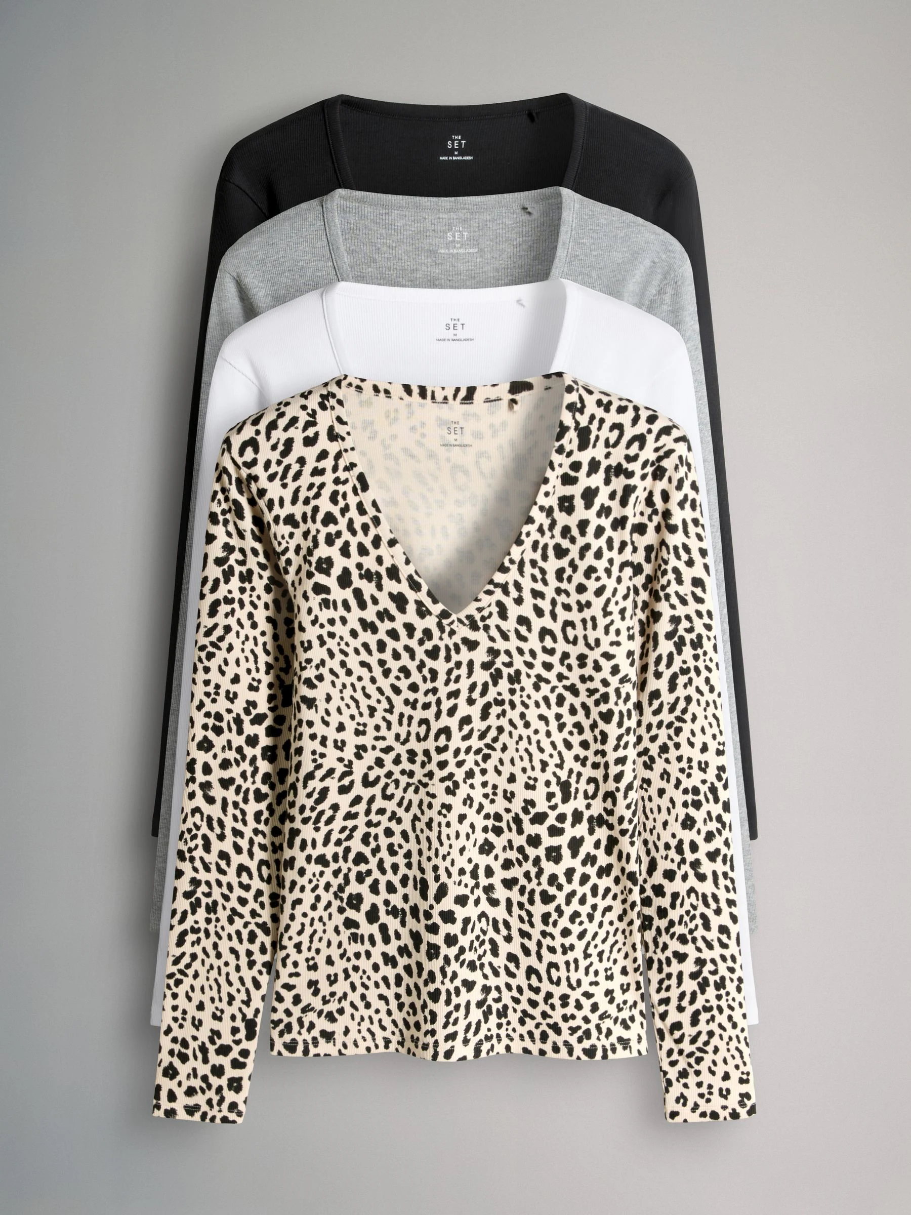 Black/Grey/Cream/Animal - The Set 4 Pack V-Neck Ribbed Long Sleeve T-Shirts