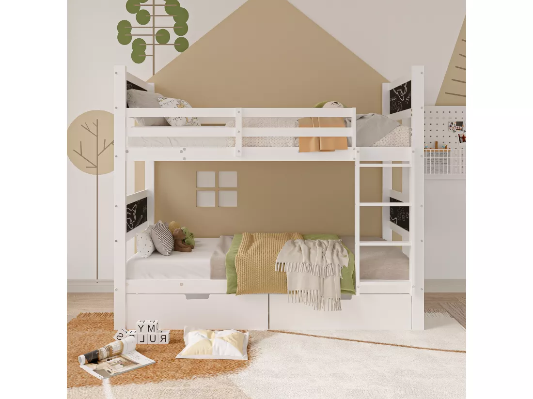 Lit superposé pour enfant - 90x200 cm - avec 4 tableau noir et 2 tiroirs - avec sommiers à lattes - Blanc