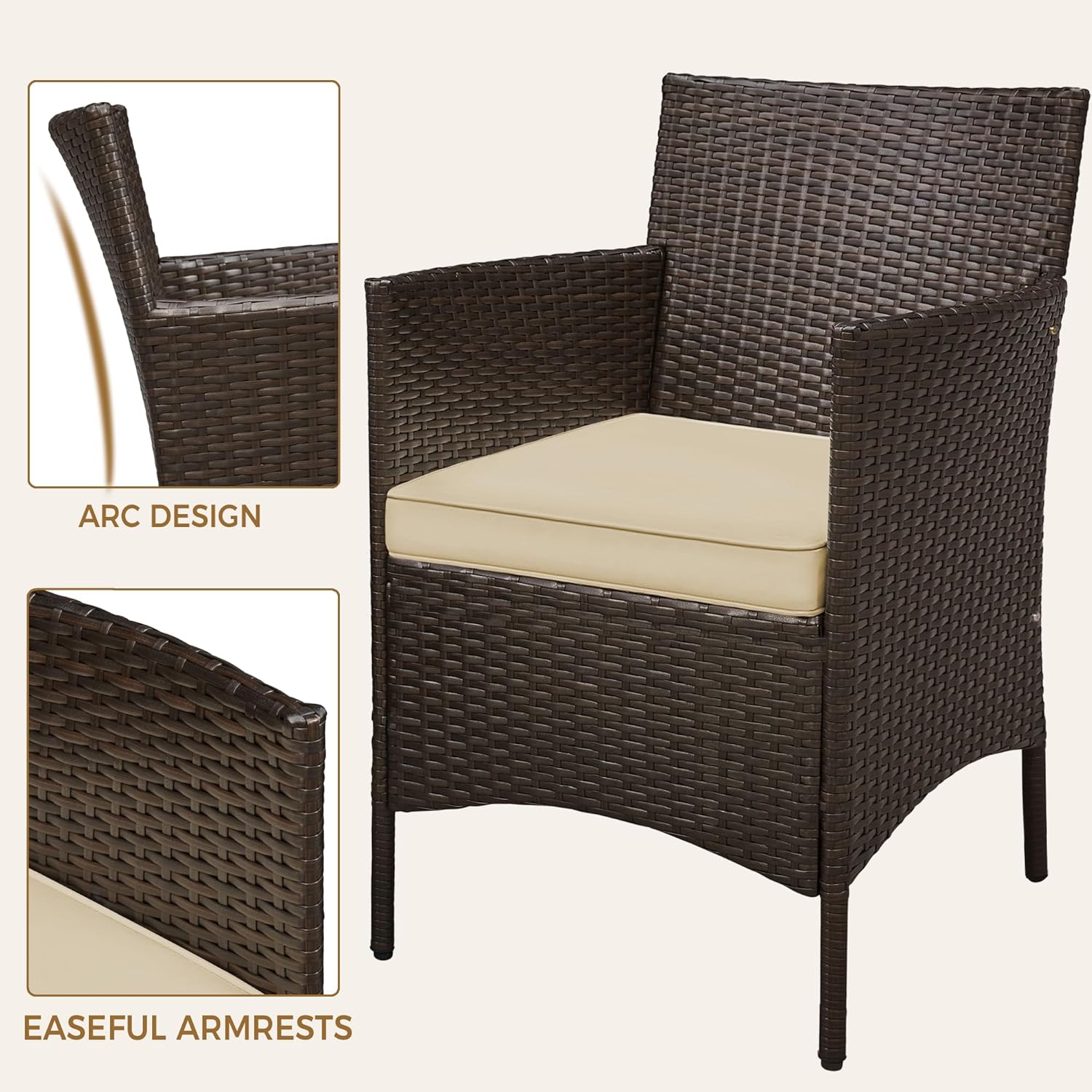 Yaheetech Balkonmöbel Set, Gartenmöbel-Set 3 TLG. inkl. 2 Stühle mit Sitzkissen & Tisch, Terrassenmöbelset Gartensitzgruppe Lounge Set aus PE-Polyrattan für Balkon Terrasse, Braun-Khaki