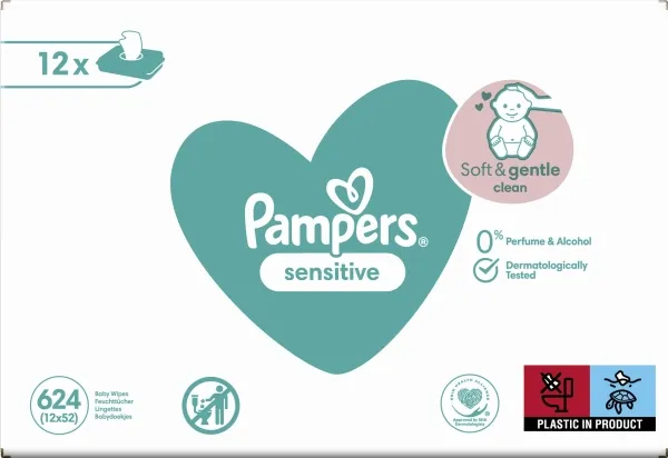 Pampers Sensitive Vådservietter til baby - Dermatologisk testet, Allergivenlig, Neutral pH, Parfumefri
