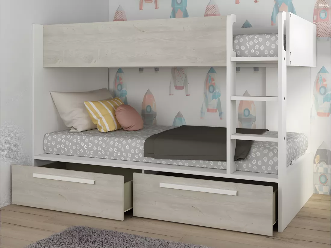 Lits superposés 2 x 90 x 200 cm - 2 tiroirs - Blanc et naturel + Matelas - TINOLI