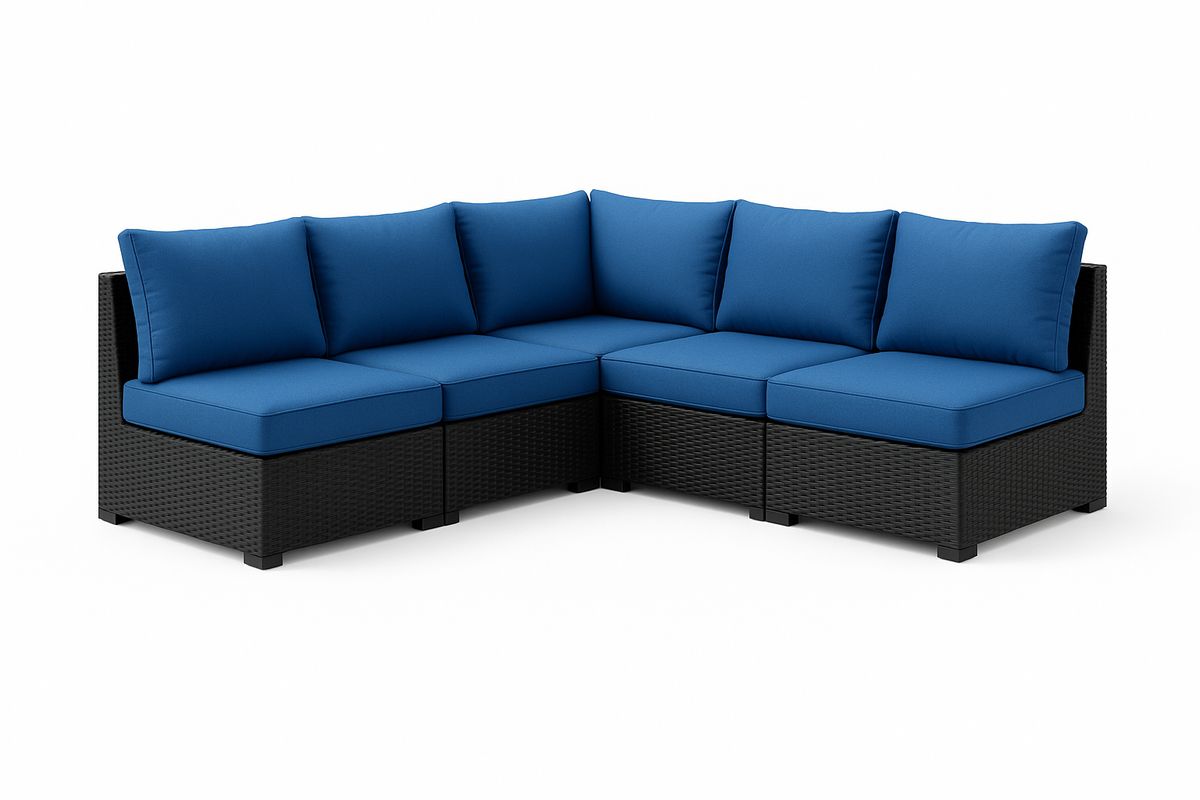 Rattan Ecksofa Set mit Blauen Polstern