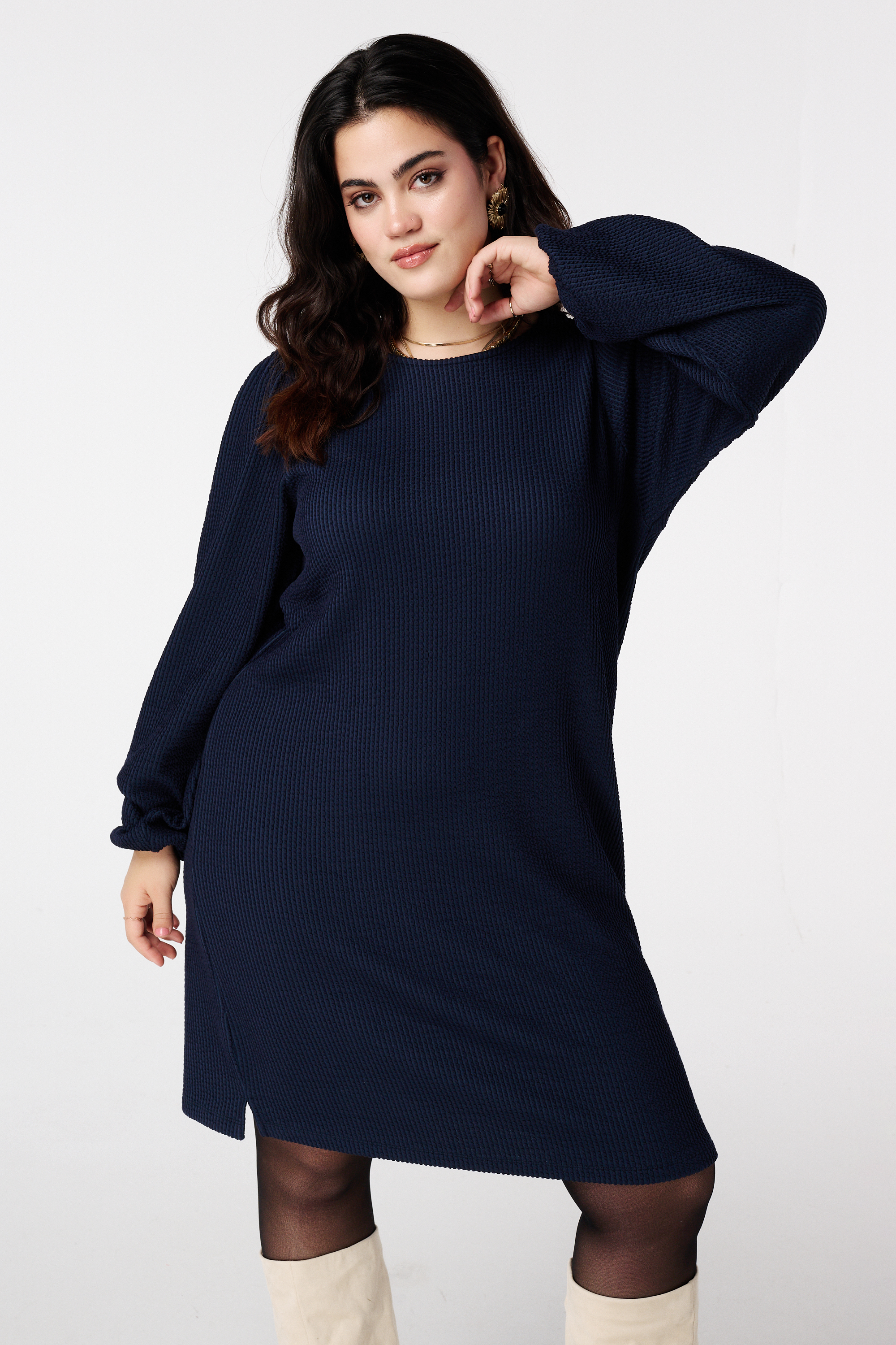 Rechte jurk met pofmouw Navy blauw