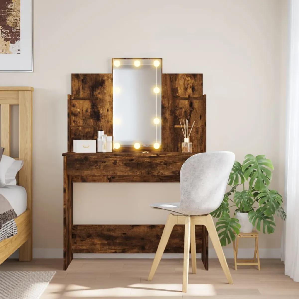 vidaXL Coiffeuse avec LED Chêne fumé 96x40x142 cm