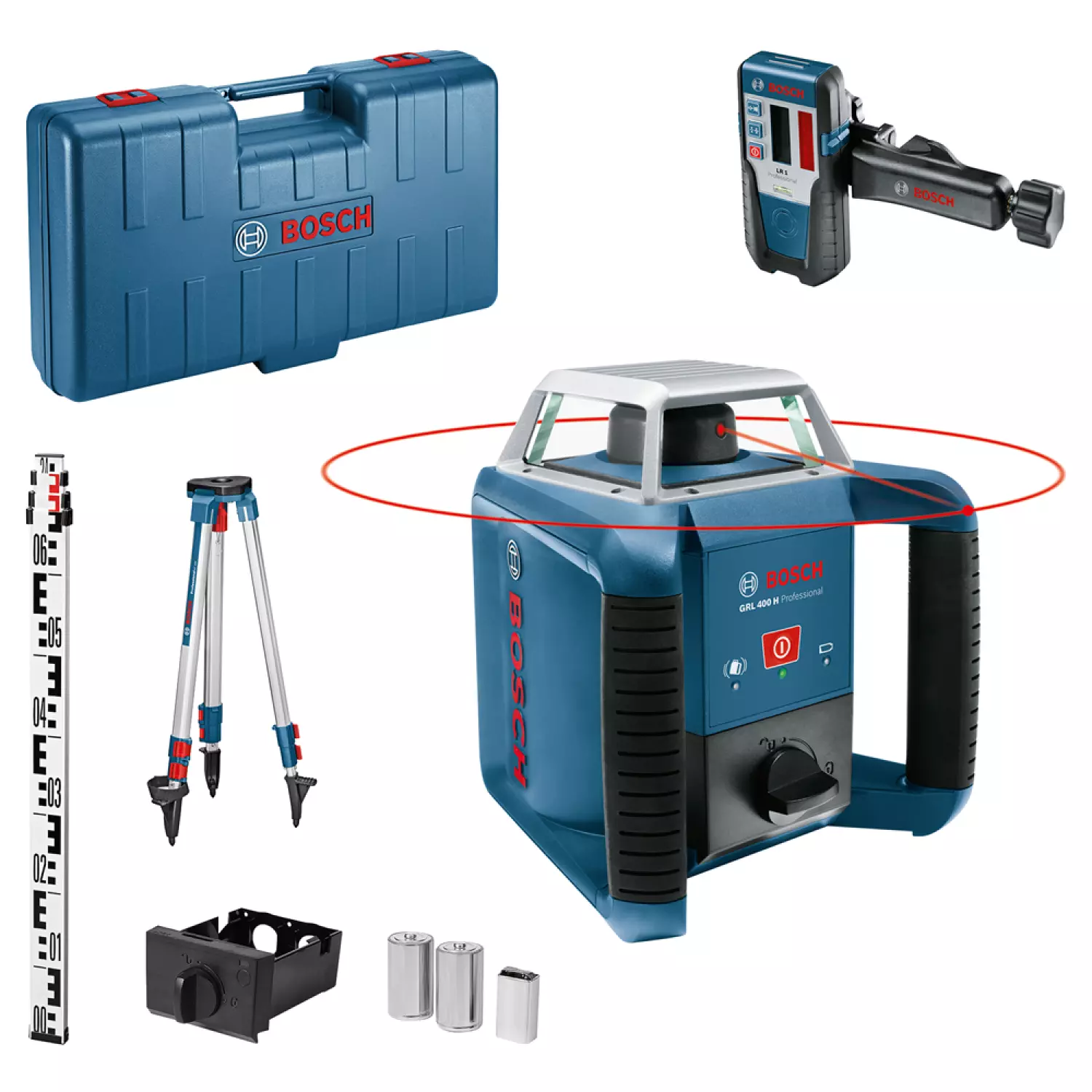 Bosch GRL 400 H rotatie laser   LR 1 ontvanger in koffer   GR 2400 meetlat   BT 152 statief