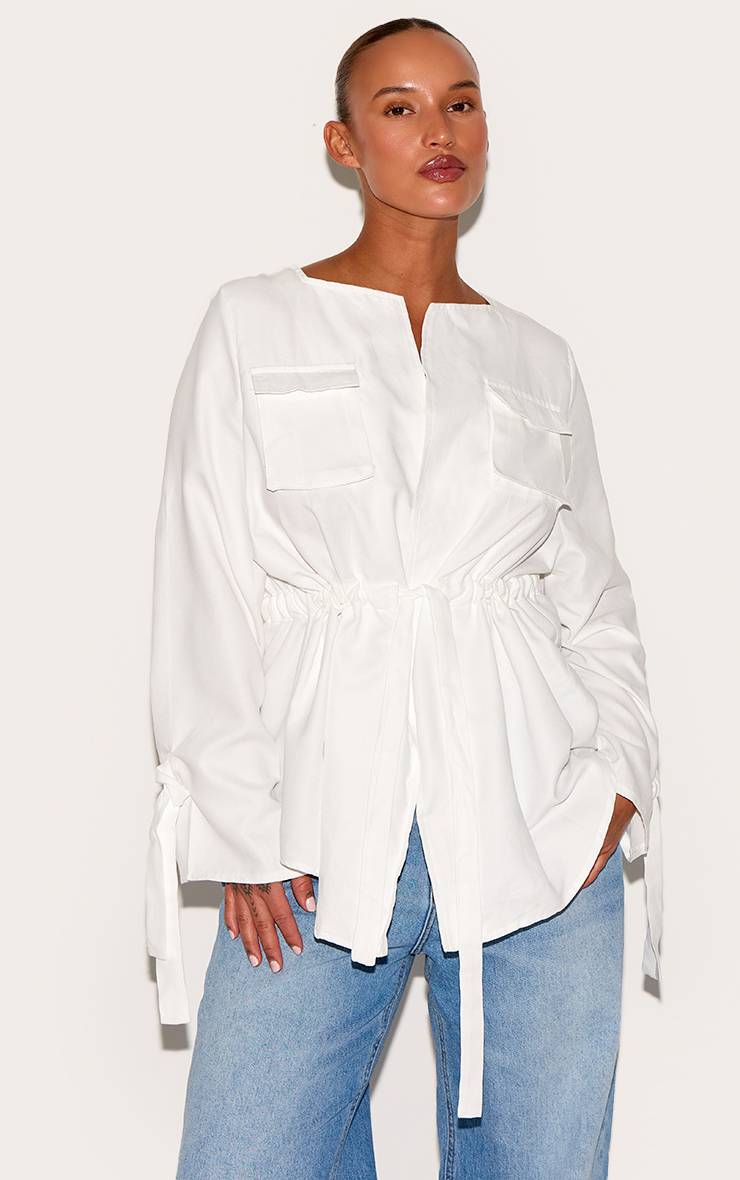Blanc Chemise Grande Taille Effet Daim Froncée À La Taille Avec Poches Cargo