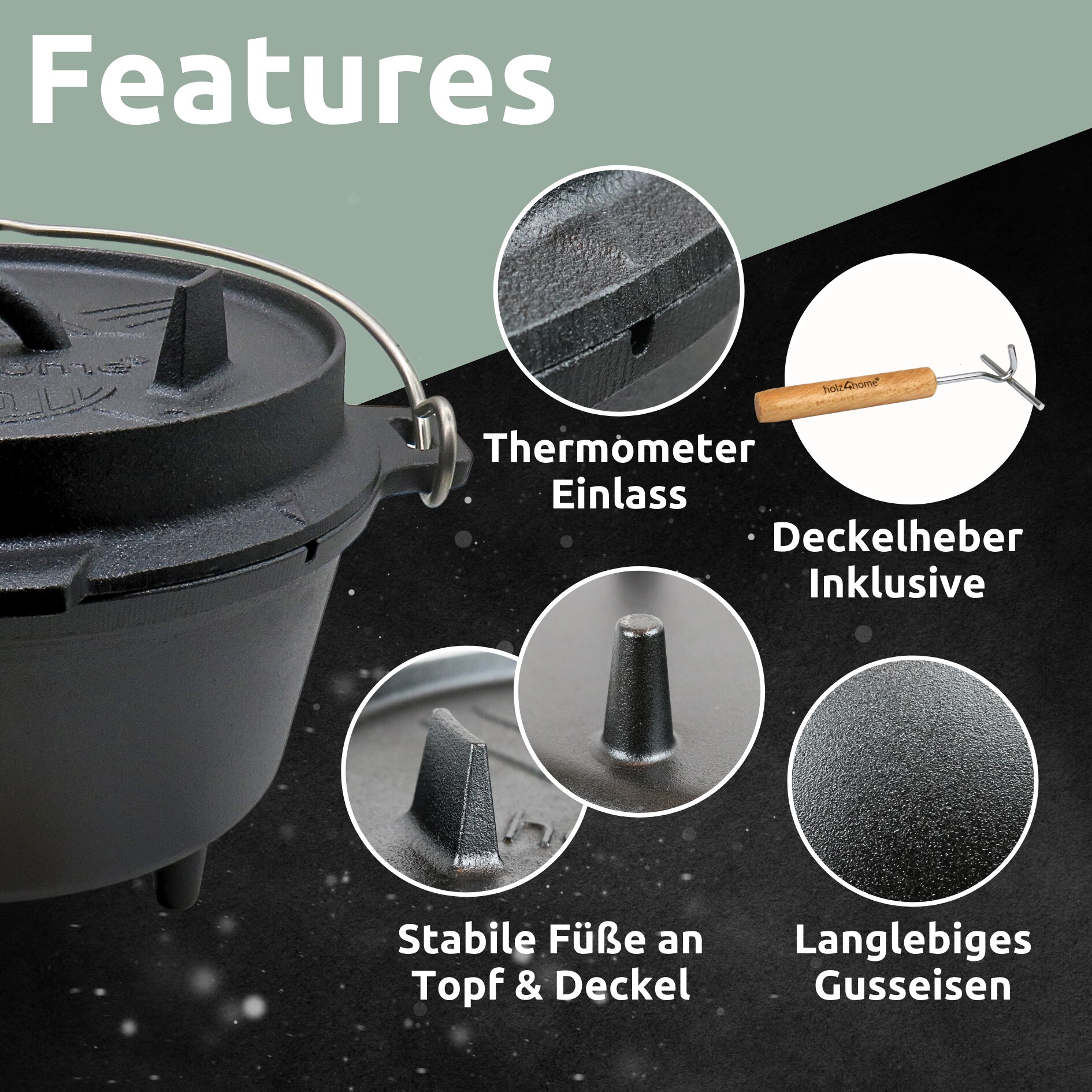 holz4home® Dutch Oven Set 6-teilig I eingebrannter Feuertopf 9L aus Gusseisen I inkl. Pfanne, Topfständer, Deckelheber und Reinigungsbürste