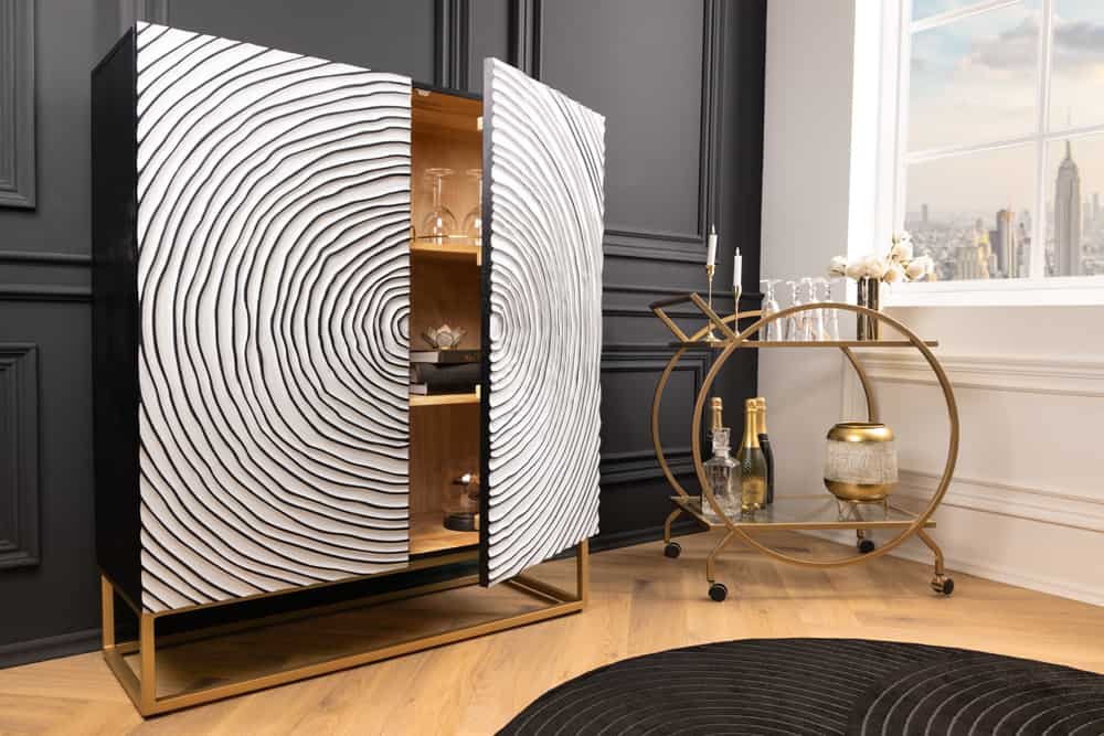 Massivholz Highboard ZEN CIRCLES 120cm weiß schwarz Mangoholz 3D-Design Metall gold