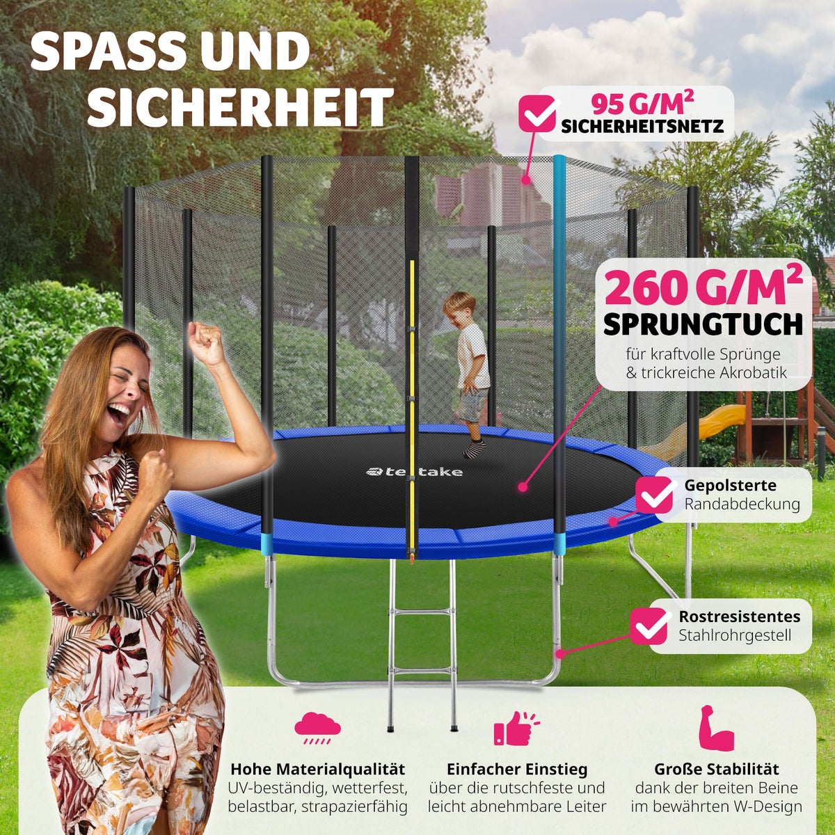 Trampoline tectake Garfunky Ø 366 cm, GS-gecertificeerd inclusief instapladder