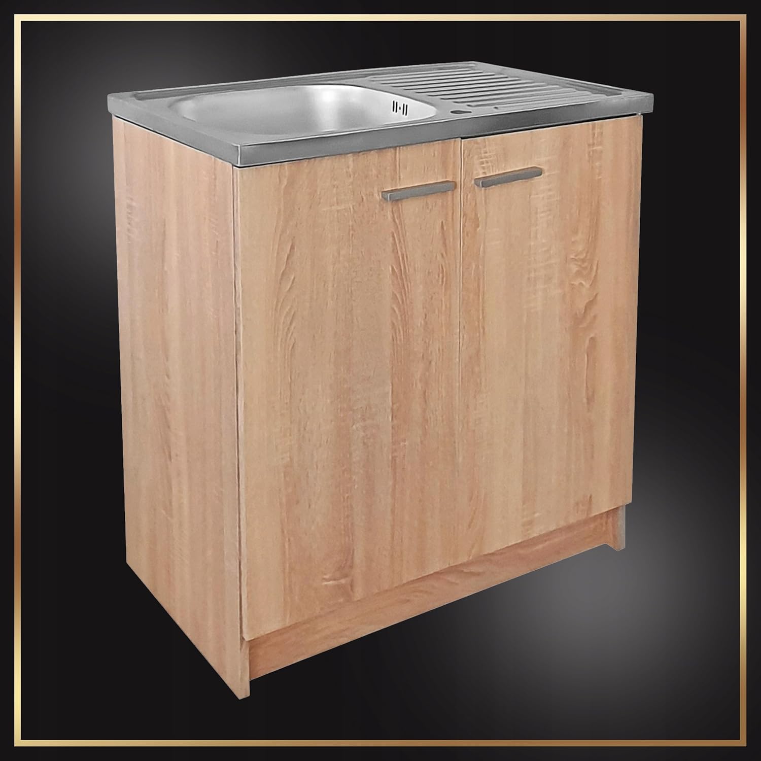 Spülenschrank Küchenschrank 80cm Sonoma Spüle Abtropf Armatur Schwarz Elastisch XXL Standschrank 46cm Tiefe Siphon Geschirrspüler Komplett Montagefertig